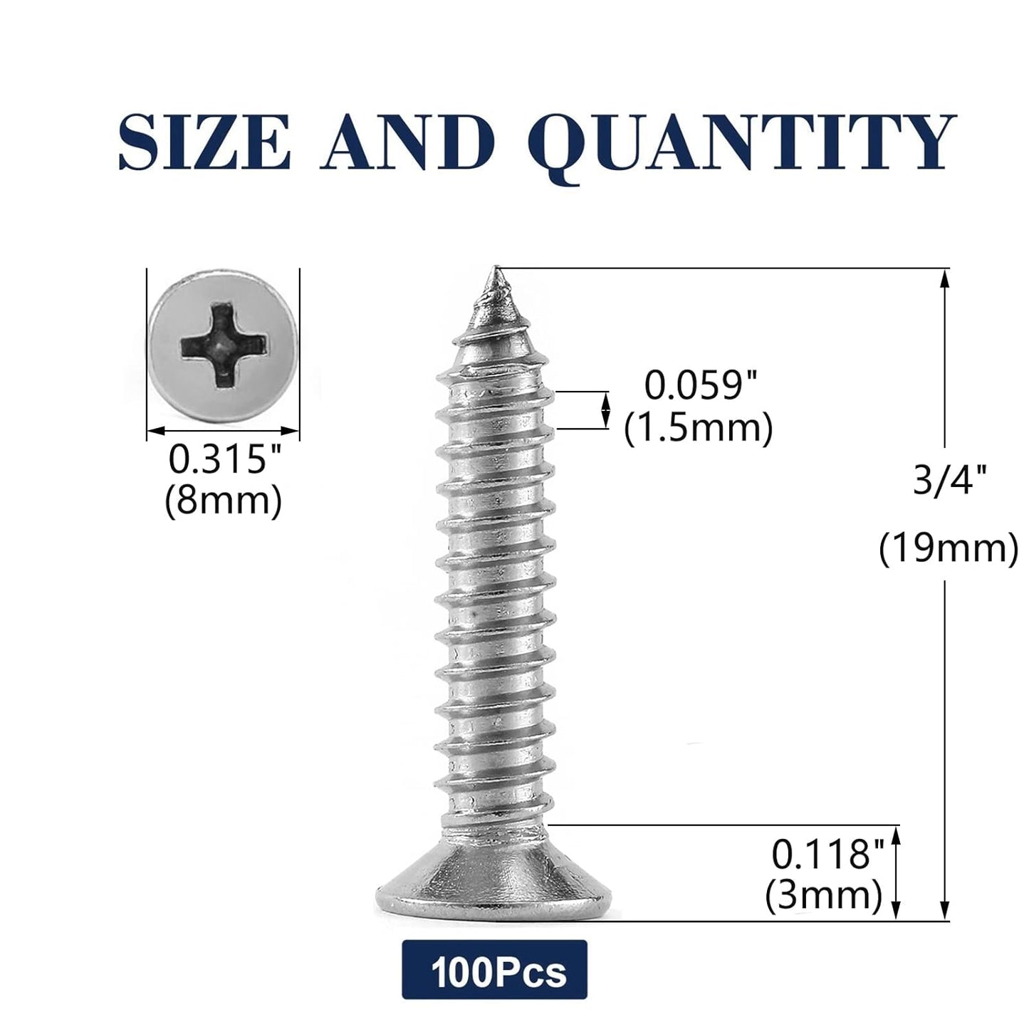 #8 x 3/4" Wood Screw 100Pcs 18-8 (304) Stainless Steel Screws Flat Head Phillips Fast Self Tapping Drywall Screws by SG TZH