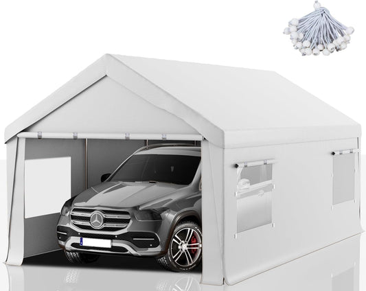 Carport 12x20 FT Heavy Duty, Outdoor Portable Garage with Removable Sidewalls & Doors, Waterproof, UV-Resistant Canopy Shelter for Vehicles, Boats, RVs, Trucks, All-Season Car Port,White