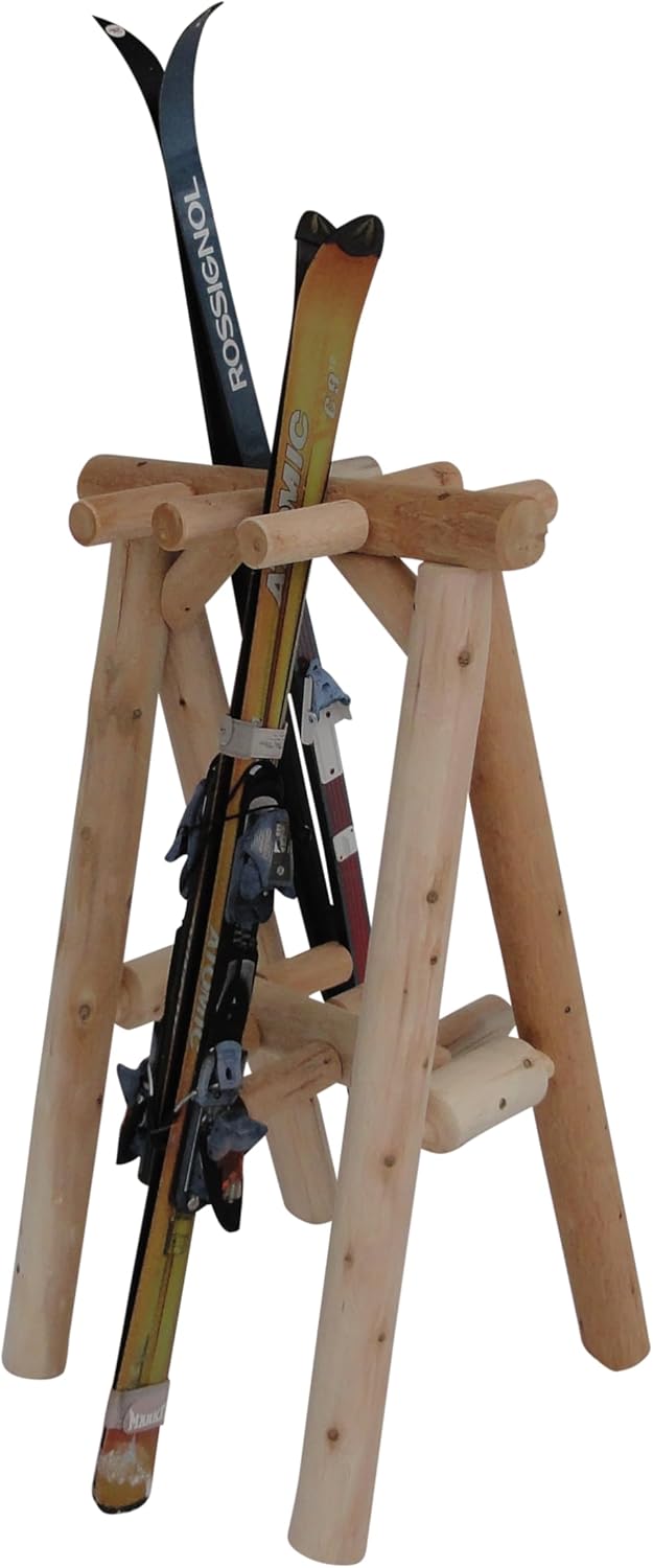 9-Place Freestanding Log Ski Rack Holder, Indoor & Outdoor Snowboard Racks, Standing Storage, Garage Racks for Snow Skis & Poles, Durable Snowboard Rack Garage Storage Organizer - Natural