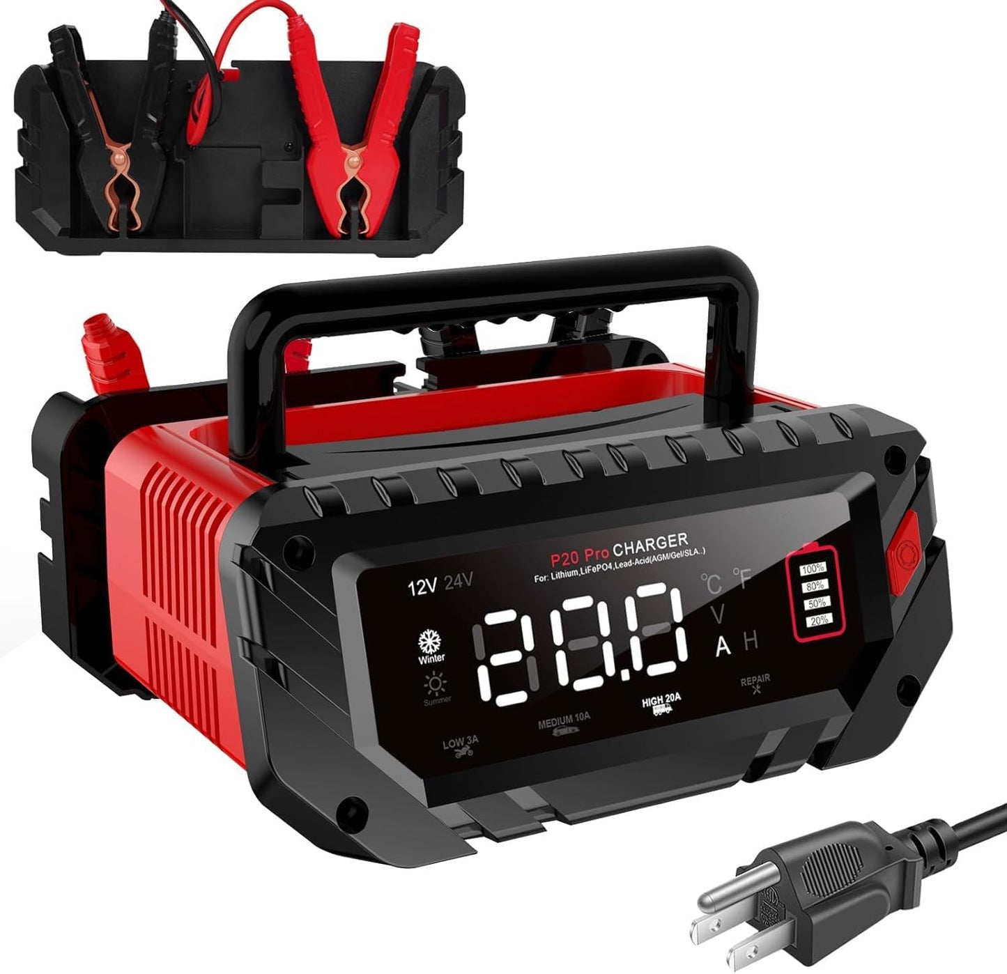 Battery Charger 0-20Amp,12V/24V Lithium,LiFePO4,Lead Acid,Fully-Automatic Smart Car Battery Charger,Trickle Charger, Maintainer/Pulse Repair for Boat, Motorcycle,Suv,Truck,Golf Cart, Lawn Mower