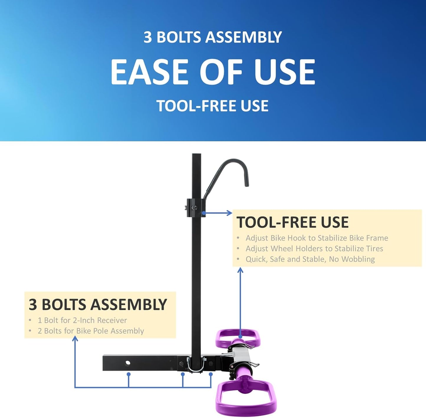 Trailer Hitch Bike Rack for Car 1 Bike, E Bike Carrier Hitch Mount, Fat-Tire Ebike Rack for Tow Hitch, Fits 2" Inch Receiver for SUV Truck Van (1 Bike - 120 Lbs Cap - Purple)