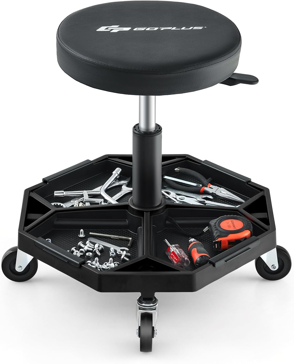 Goplus Mechanic Stool, Rolling Garage Chair with 16”-22” Adjustable Height, Removable Magnetic Tool Tray, 2” Thick Padded Cushion, Universal Wheels, 330LBS, Roller Creeper Seat (Black)