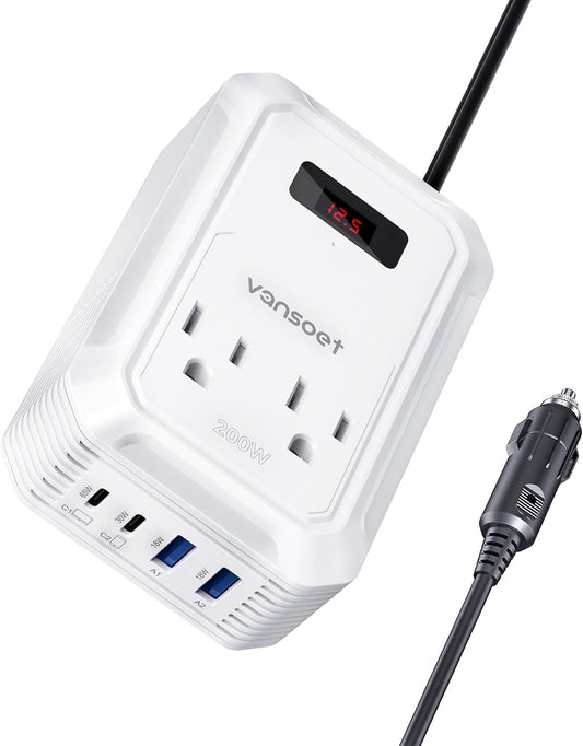 200W Car Power Inverter DC 12V to 110V AC Inverter with PD 65W/30W USB C & 2 QC 18W USB Ports & 2 AC Outlets,Car Pluɡ Adapter Outlet for Laptop/Phone/Road Trip