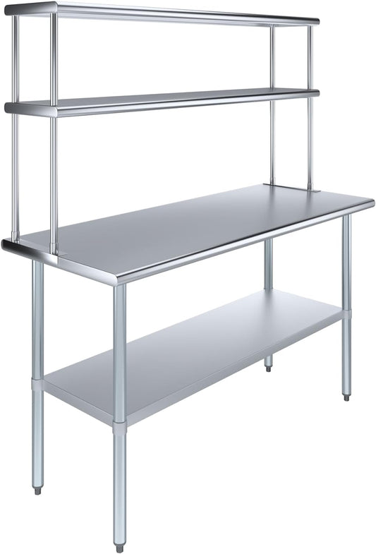 Amgood Stainless Steel Work Table Double Tier Overshelf | Metal Kitchen Prep Table & Shelving Combo (24" x 60" Work Table + 12" Overshelf)
