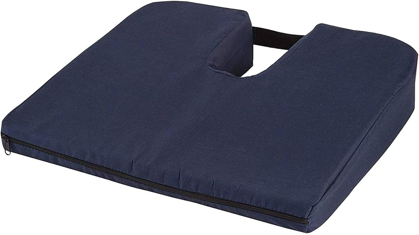 DMI Sloping Back Foam Seat Cushion for Coccyx Pain Relief, For Use with Chairs and Wheelchairs, With Cover, FSA HSA Eligible, 16 x 18 x 2 – 4 Inches, Navy.