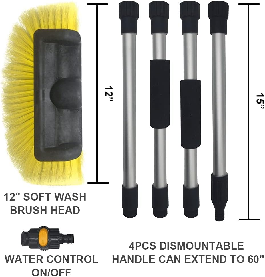 SENGO Car Wash Brush with Long Handle 12'' Lock Soft Bristle Brush car Scrub Brush 60'' Dismountable Pole with on/Off car wash mop Water Flow Through car Brush Clean RV SUV Truck Boat House siding