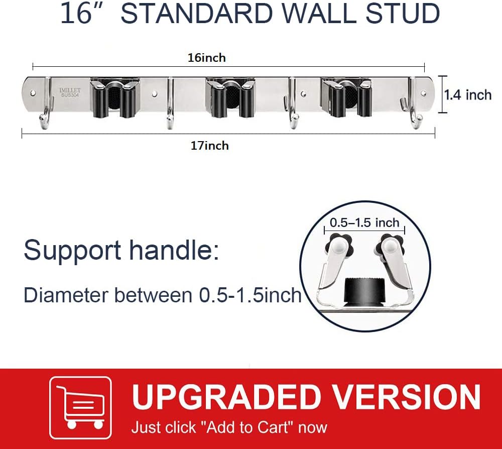 IMILLET Broom Holder Wall Mounted, Stainless Steel Broom and Mop Holder Self Adhesive Broom Organizer Heavy Duty Hooks Storage Organizer for Home Laundry Room Garden Garage Closet Kitchen (1 Pack)