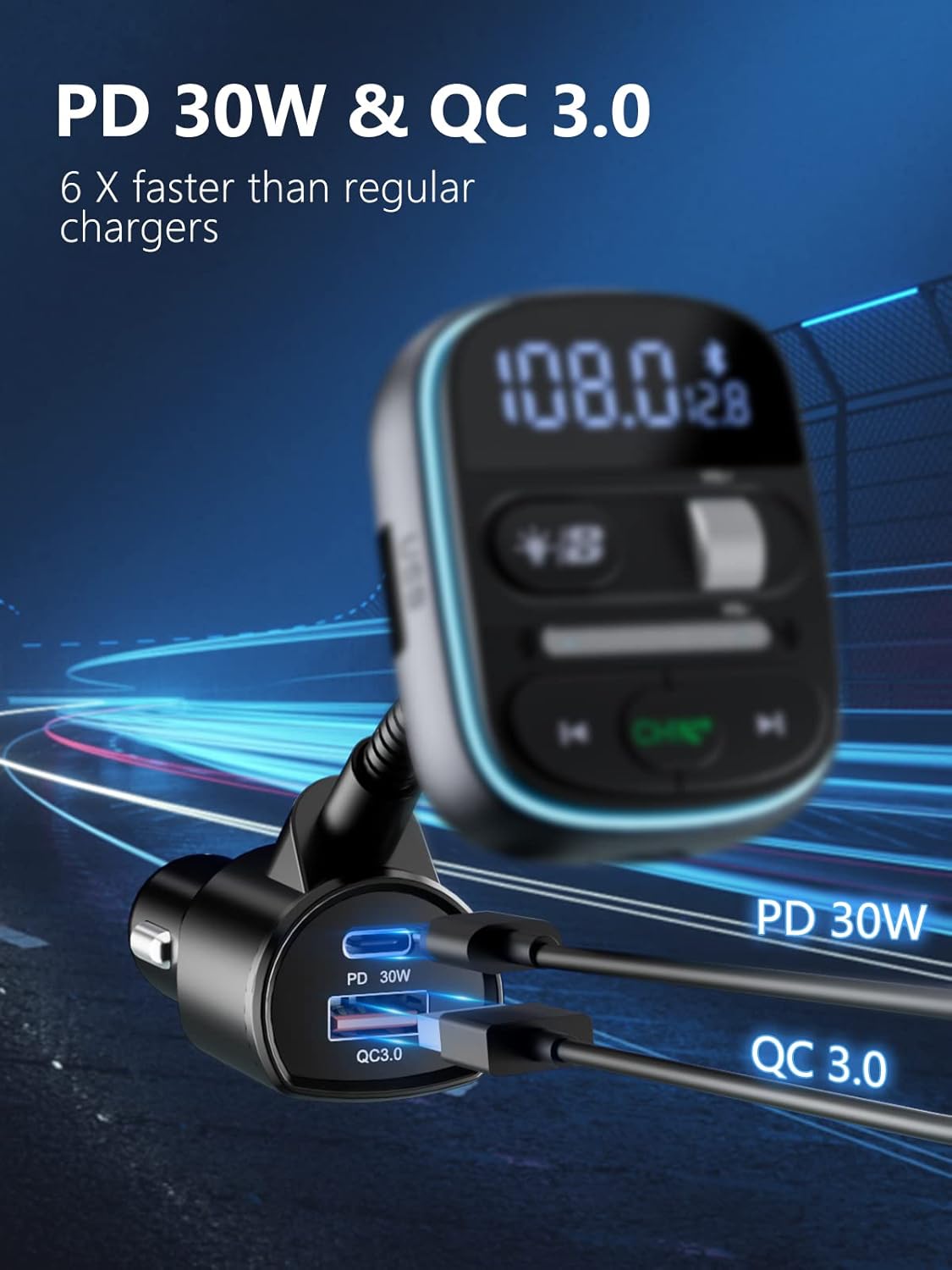LENCENT Bluetooth FM Transmitter PD 30W, Bluetooth Car Adapter with QC3.0 Fast Charger, Hi-Fi Bass Music, Wireless Radio Receiver Hands-Free Calling, [Color Light]