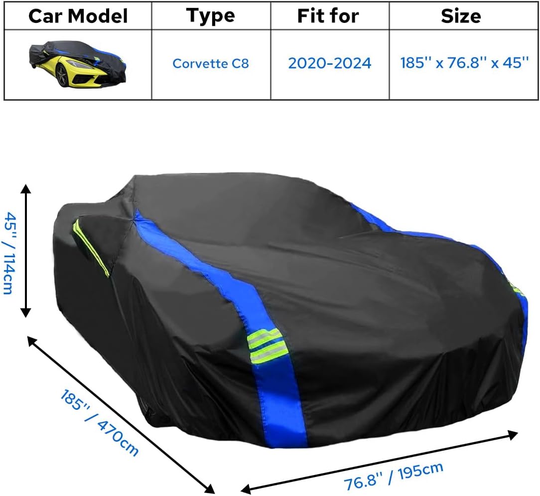 Avecrew for Chevrolet Corvette C8 Car Cover Waterproof All Weather for Automobiles, Outdoor Full Exterior Covers Fit 2020-2024 Corvette C8 with Windproof Strap and Driver Door Zipper