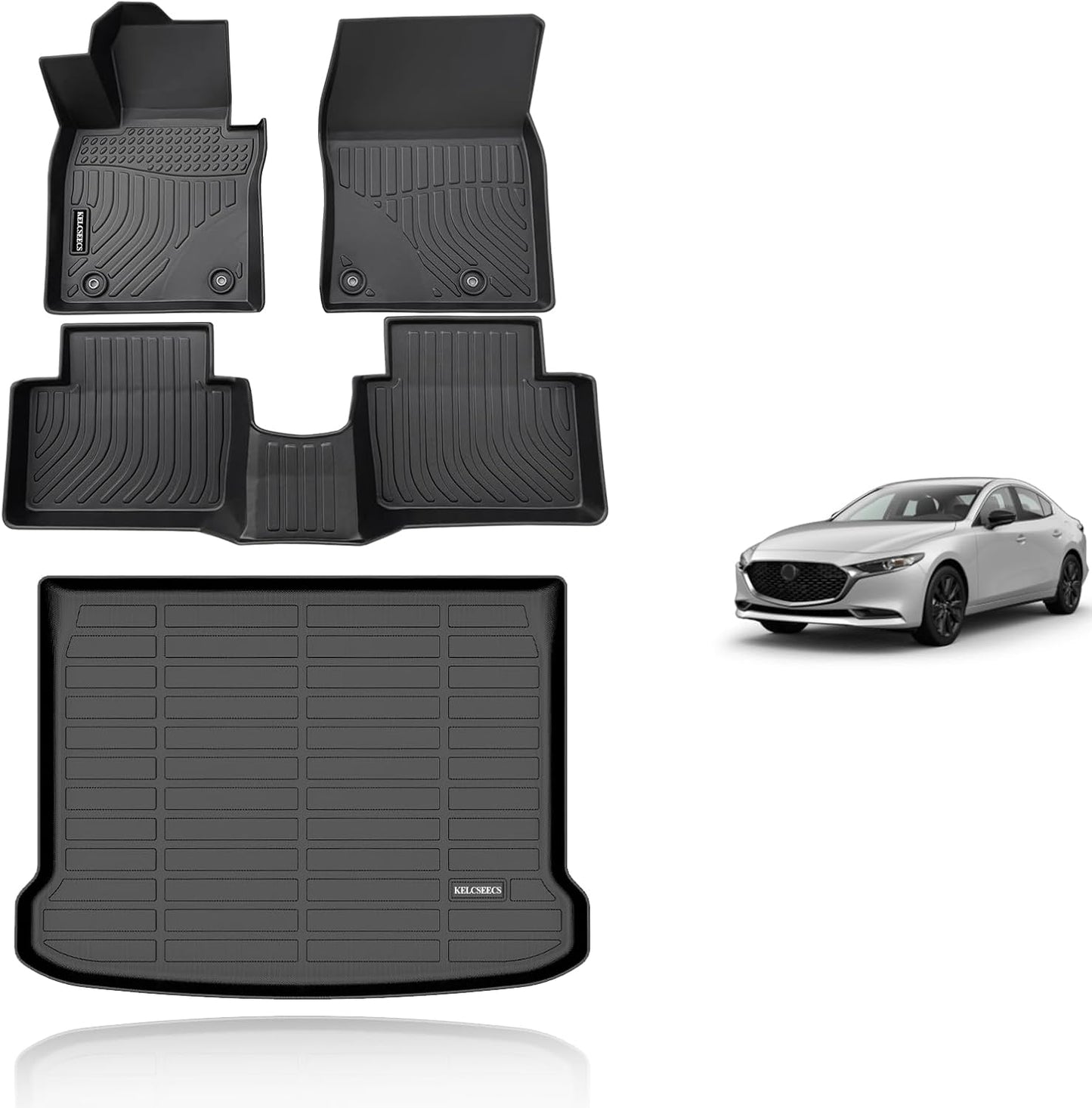 KELCSEECS® Floor Mats & Cargo Liner Custom for Mazda 3 2025 2024 2023 2022 2021 2020 2019(Only Fits Hatchback Models)All Weather Protection TPE Floor Liners Front & Rear Row Full Set Accessories Black