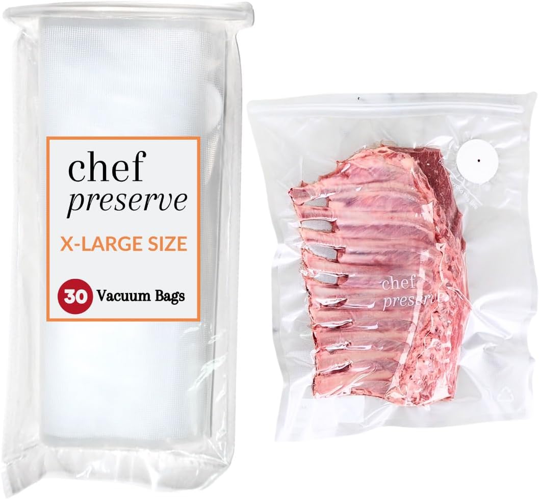 Chef Preserve Reusable Vacuum Sealer Bags for Food – 30 BPA-Free XL Large (12 x 20 in) Food Storage Bags, Freezer, Microwave – Odor-Resistant, Leak-Proof – Compatible with Chef Preserve Vacuum Sealers