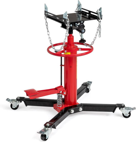 TUFFIOM Transmission Jack, 1660 lbs 3/4-Ton Hydraulic 2-Stage High Lift Vertical Telescoping Floor Jack Stand, 34" to 68" Lifting Range, w/Pedal, 360° Swivel Wheels, Garage/Shop Lift Hoist, Red