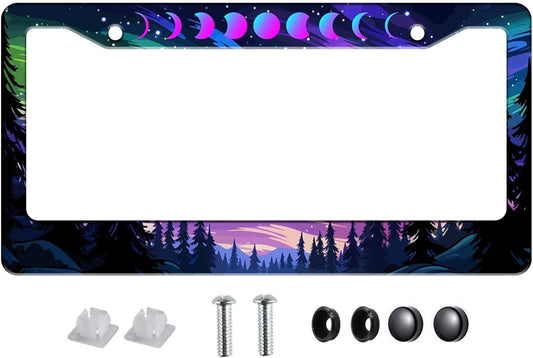 1Pcs Moon and Forest License Plate Frame, Purple Forest Moon License Plate Cover Tag Plate Bracket Holder for Men and Women (Moon Phases Aurora Forest)