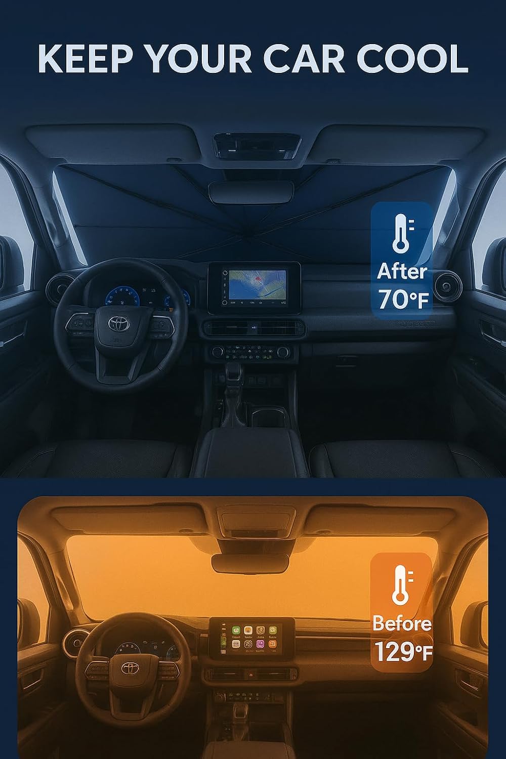 Proadsy Windshield Sun Shade Umbrella for Toyota Land Cruiser 2024-2025 2026 Foldable Car Umbrella Sunshade with Soft TPU Handle Spring Structure Crystal Cooling Material Protect Car from Rays & Heat