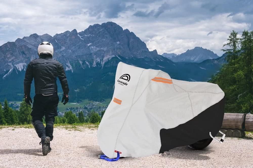 Coverado Motorcycle Cover Waterproof, All Weather Protection Outdoor Full Motorcycle Covers - UV Proof with Flame Retardant Fabric Fit for Harley Davidsion Yamaha Honda Suzuki (up to 83" Motors)