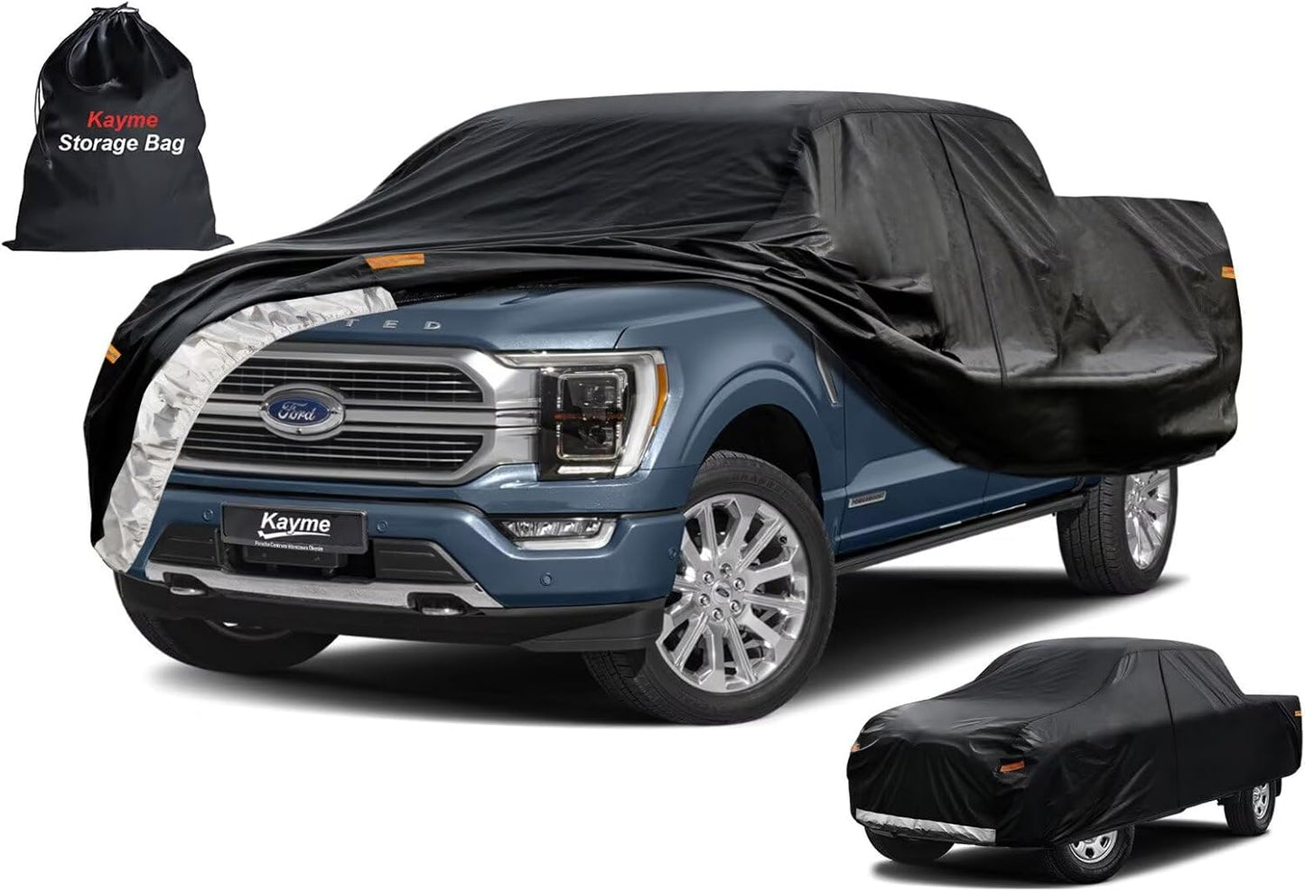 Kayme Truck Cover Custom Fit Ford F-150(2008-2025) SuperCrew Short Bed. Full Exterior Heavy Duty Outdoor Pickup Truck Car Cover Waterproof All Weather.Car Tarp for Wind Sun Dust Protection.Black