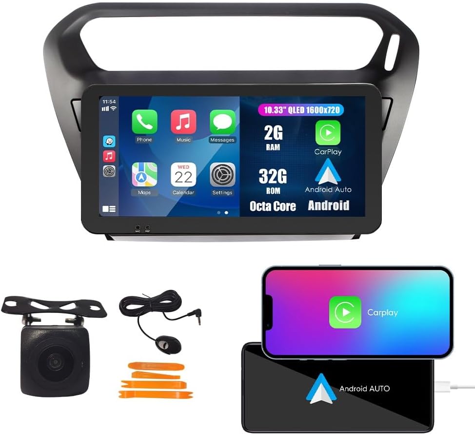 Kunfine Car CarPlay Android Auto Navigation Stereo GPS Radio Camera Display 10.33" QLED Touchscreen Headunit Tablet Media Player for Peugeot 301 2013-2022, if Applicable Octa Core 2G+32G Matte Black