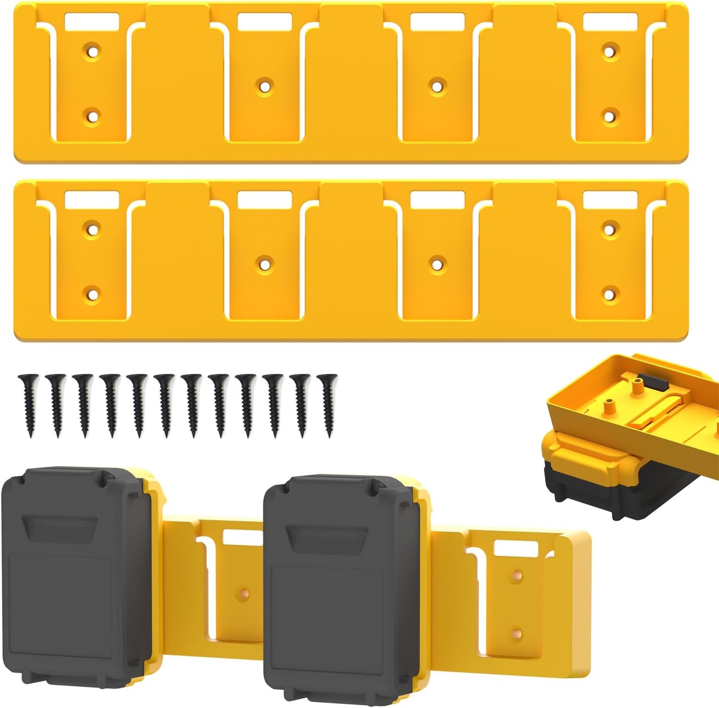 Battery Rack Compatible with DeWalt 20V Battery Holder, Mount 4 Slot Bulk Battery Garage Tool, Tools for Dewallt 20v, Wall Display Hook Holder (Yellow-2pc)