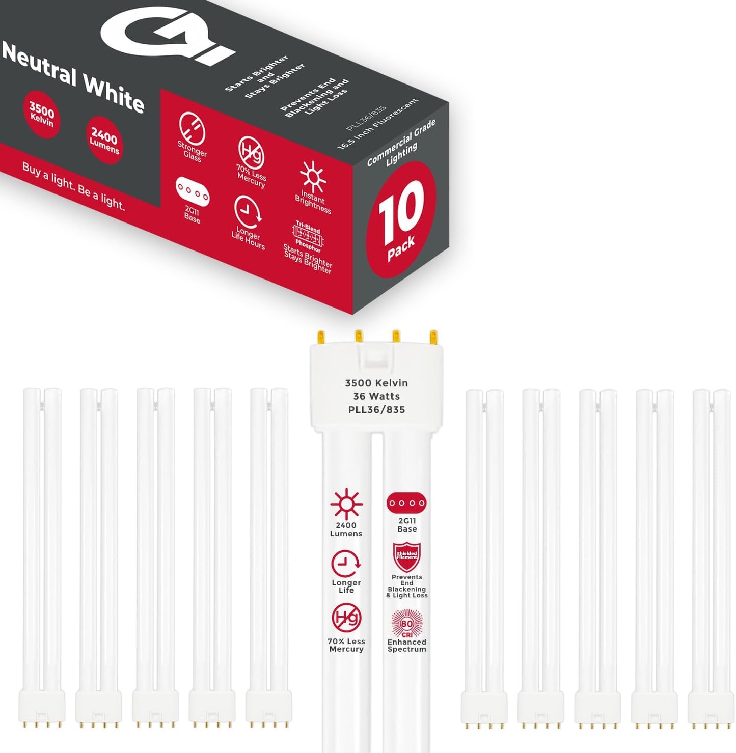 GoodBulb PLL36/835 36W 16.5" Twin Tube Compact Fluorescent Light Bulb 4-pin 2G11 Base 3500K Neutral White 2400 Lumen 36000 Hour Long Life Biax Pack of 10