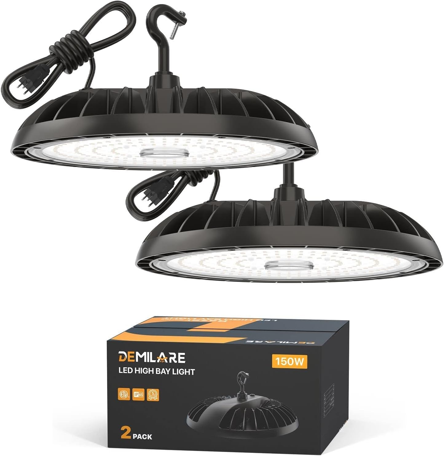 2 Pack LED High Bay Light 150W, 5000K, 22500 lm, IP65 Waterproof, Commercial Lighting for Warehouse, Workshop, Garage, Barn