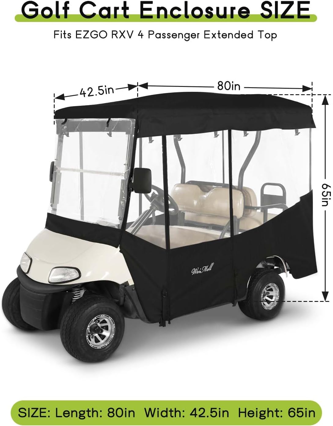 Golf Cart Enclosure 4 Passenger for EZGO RXV 2+2 Enclosure Waterproof Windproof Driving Rain Cover Fit 4-Seater Long Roof with 4-Sided Clear Windows Mirror Openings Roll-up Zipper Door Black