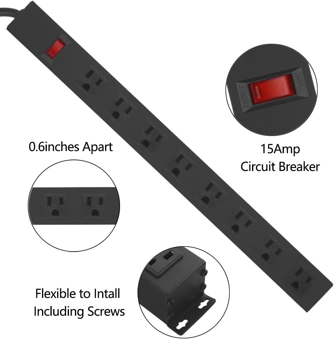 HHSOET Metal 8 Outlet Mountable Power Strip, Wall Mount Outlet Heavy Duty, Wide Spaced Commercial Shop Power Strip with Switch, 15A 125V 1875W, 6 FT SJT 14AWG Power Cord.(Black)