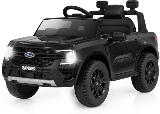 HONEY JOY Ride On Car, 12V Licensed Ford Ranger Electric Vehicle for Kids, Spring Suspension, Music & 3 Speeds, Horn, LED Lights, Battery Powered Ride On Toy with Remote Control(Black)