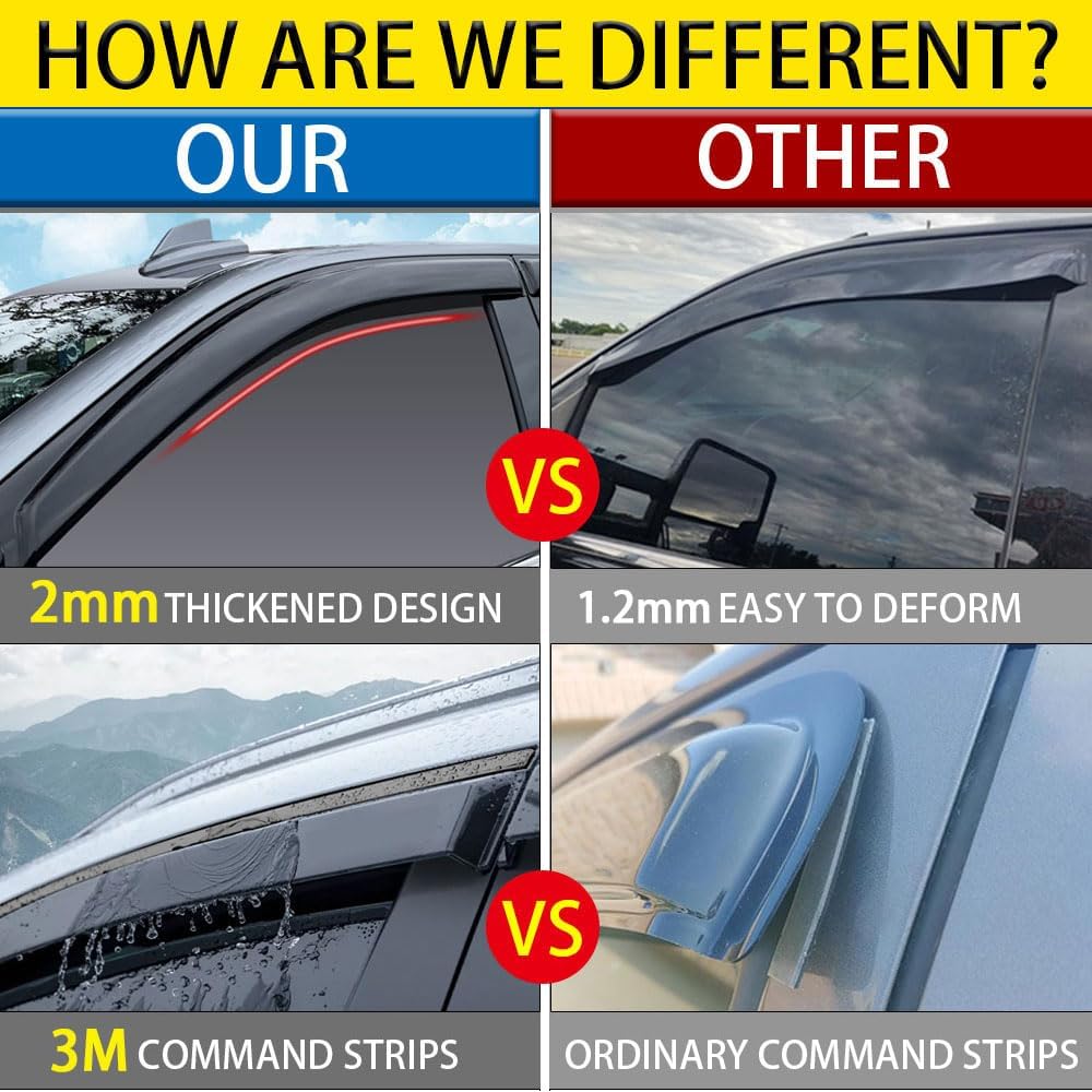 Rain Guards for Dodge Ram 1500 2002-2008 + Dodge Ram 2500 3500 Quad Cab 2003-2009, Tape-on Side Window Deflectors for Ram, Window Visors for Trucks, Car Accessories 4 Rain Guards ＆ 2 Car Coasters