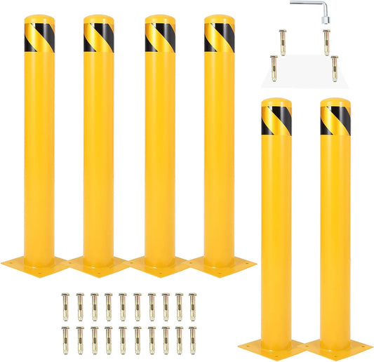 4.5x48 Inch Safety Bollard Post - Yellow Steel Bollard with Anchor Bolts (4-Pack) for Parking Lots, Walkways & Traffic Areas