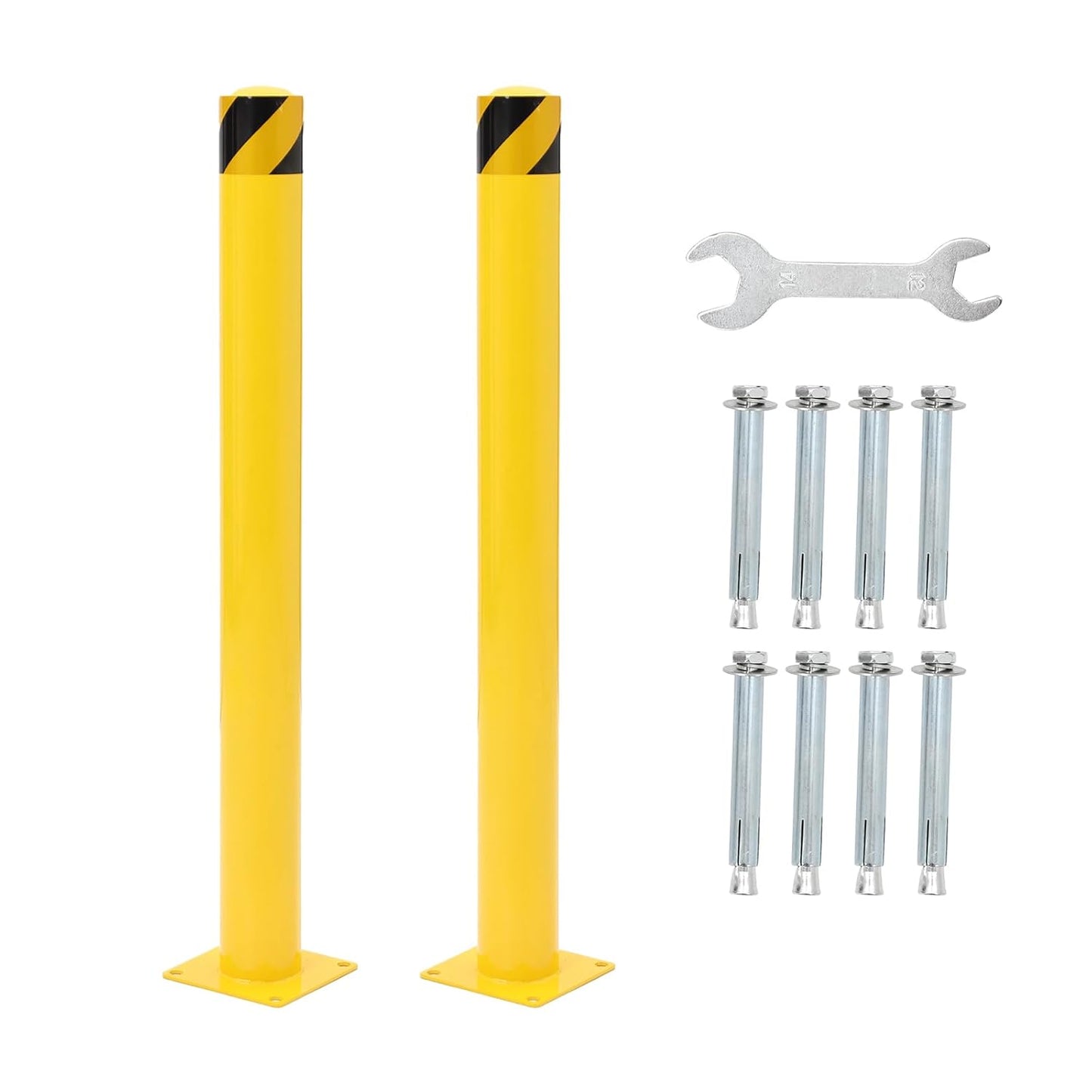 Safety Bollard 2 Packs, 48 Inch Height Steel Bollard Post for Parking Lot, 4.5 Inch Diameter Pipe, Yellow Safety Bollard Post with 16 Anchor Bolts, Ideal for Traffic-Sensitive Areas, Driveway Barrier
