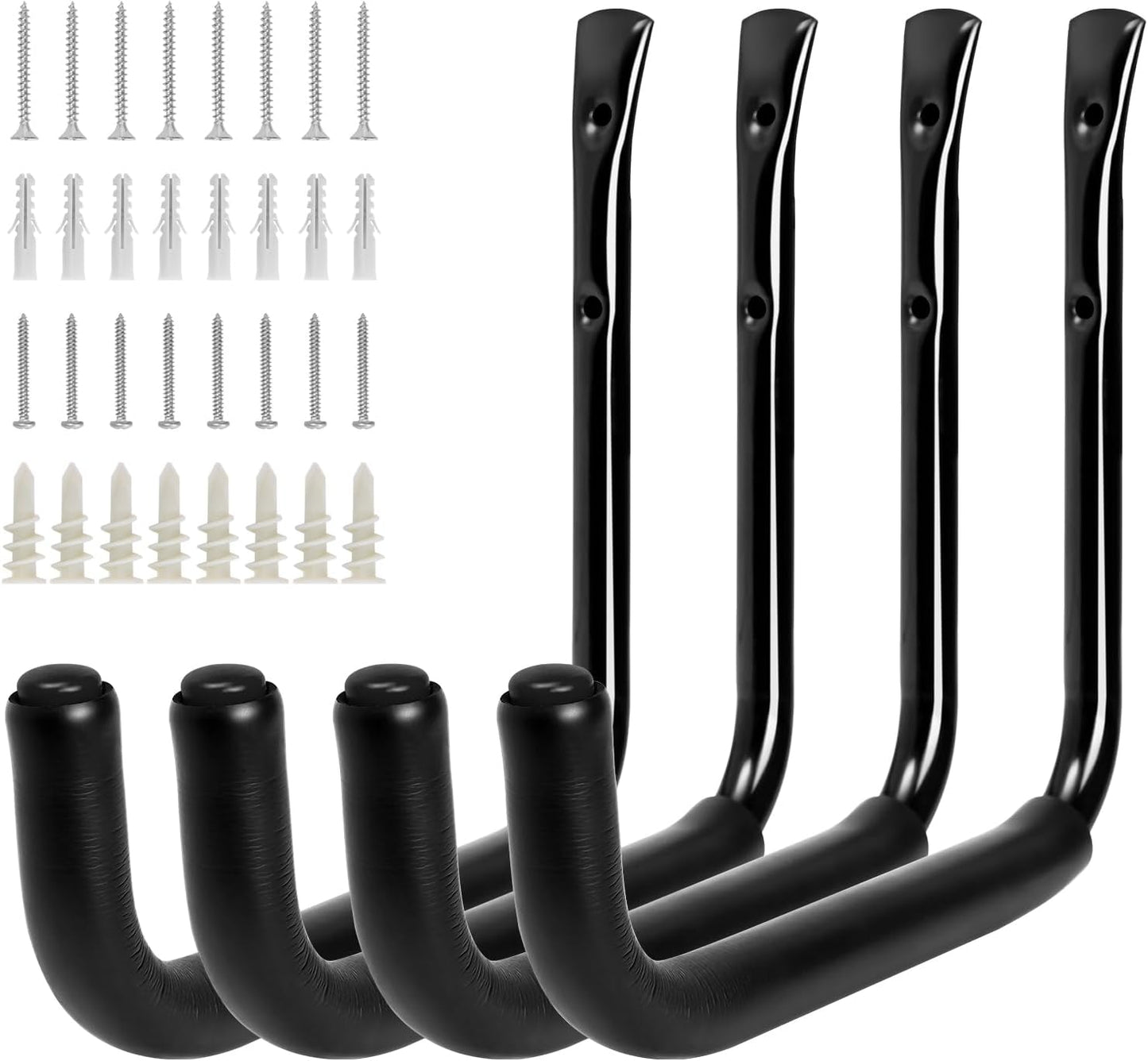 KURUI 10" Garage Organization Wall Hooks, 66 LB Heavy Duty Water Hose Holder for Hanging Ladder Extension Cord Garden Tool Cable, 4 Pcs, Black