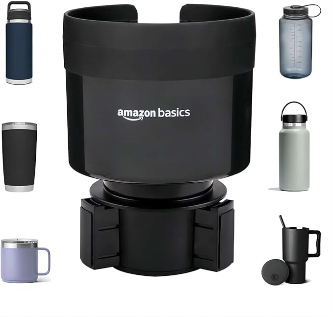 Amazon Basics Car Cup Holder Expander with Adjustable Base, Fits Large Bottles 3.4 to 3.8 in Diameter, Securely Holds Yeti, Hydro Flask and More, Black