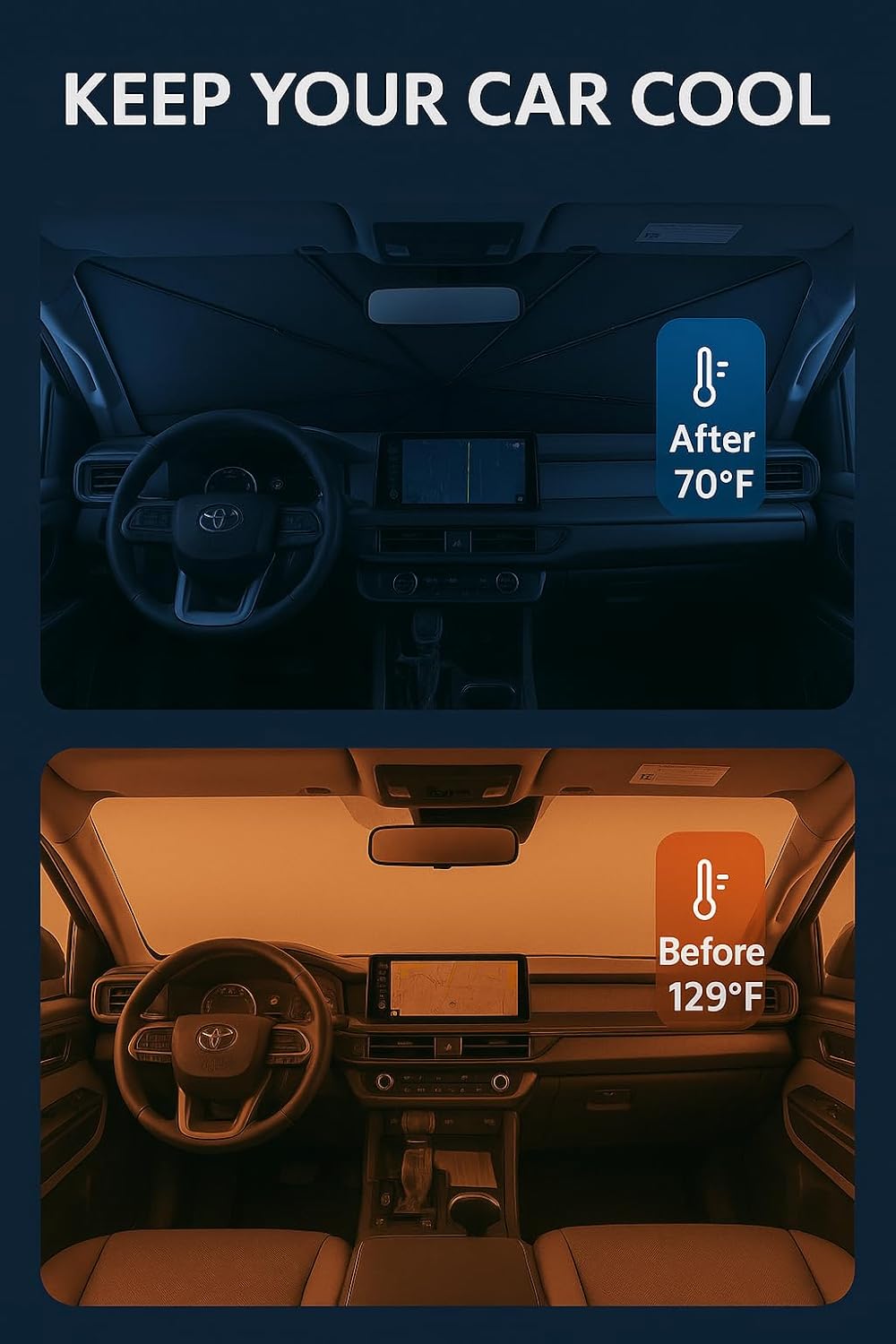 Proadsy Windshield Sun Shade Umbrella for Toyota Tacoma 2024-2025 2026 Foldable Car Umbrella Sunshade with Soft TPU Handle Spring Structure Crystal Cooling Material Protect Car from Rays & Heat