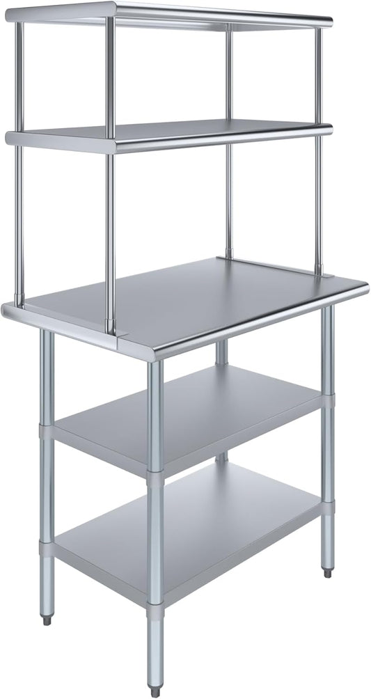 Amgood Stainless Steel Work Table with 2 Shelves | Metal Kitchen Prep Table & Shelving Combo (24" x 36" Table with 2 Shelves + 18" Overshelf)