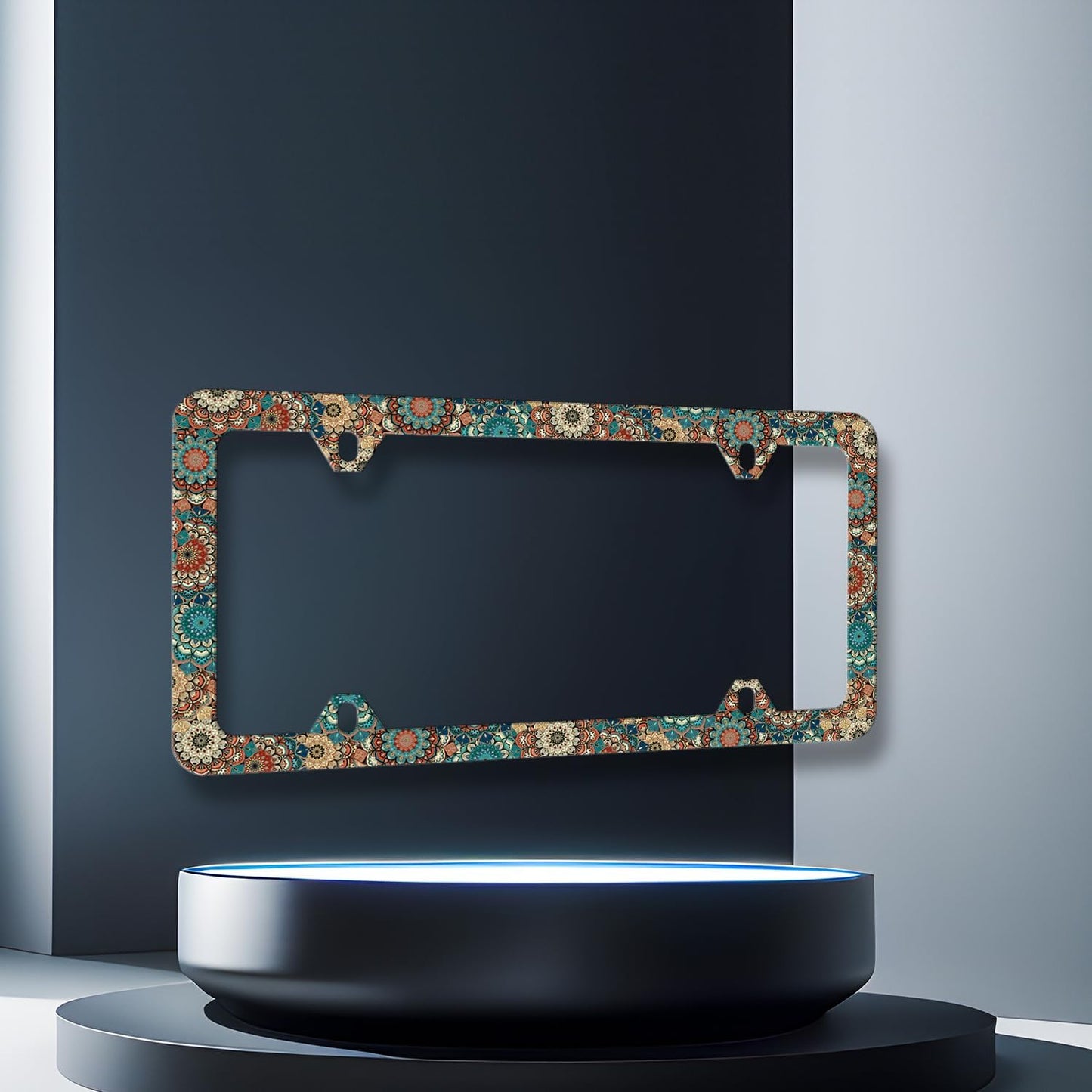 Vintage Mandala Flowers License Plate Frame Boho Floral License Plate Holder Funny License Plate for Car Decoration Stainless Steel Colorful Car Accessory with Screws Men Women 12.3" x 6.3"