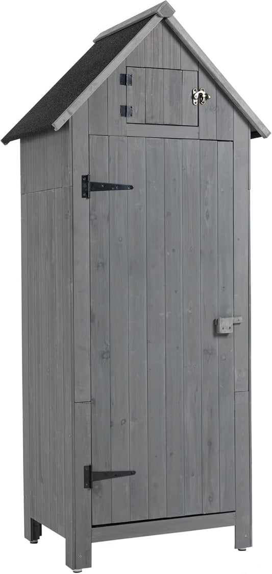 30.3" L X 21.3" W X 70.5" H Outdoor Storage Shed with Waterproof Roof, Solid Fir Wood Frame, and 3 Compartments for Garden Tools, Mower, and Hose,Grey