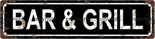 BAR & GRILL Vintage Metal Tin Sign, Street Sign, Home Decor, Room Decor, Wall Decor, Bathroom Decor, Bar Decor, Cafe Decor, Garage Decor, 16 x 4 Inch