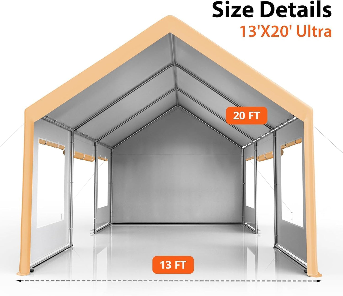 13x20 FT Heavy Duty Carport, Oversized Portable Garage with 4 Doors & 4 Windows, Reinforced Frame, All Weather Protection Outdoor Shelter Canopy for Cars, Boats, Trucks, BBQ and Outdoor Gatherings