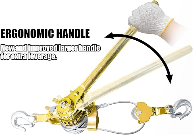 Come Along Winch 2 Ton Pulling Capacity with Two 1"x8ft Lifting Sling 6.56 ft Steel Cable 2 Hooks Hand Power Puller Tool with Dual Gears Automotive Hoist Cable Puller for Lifting Pulling