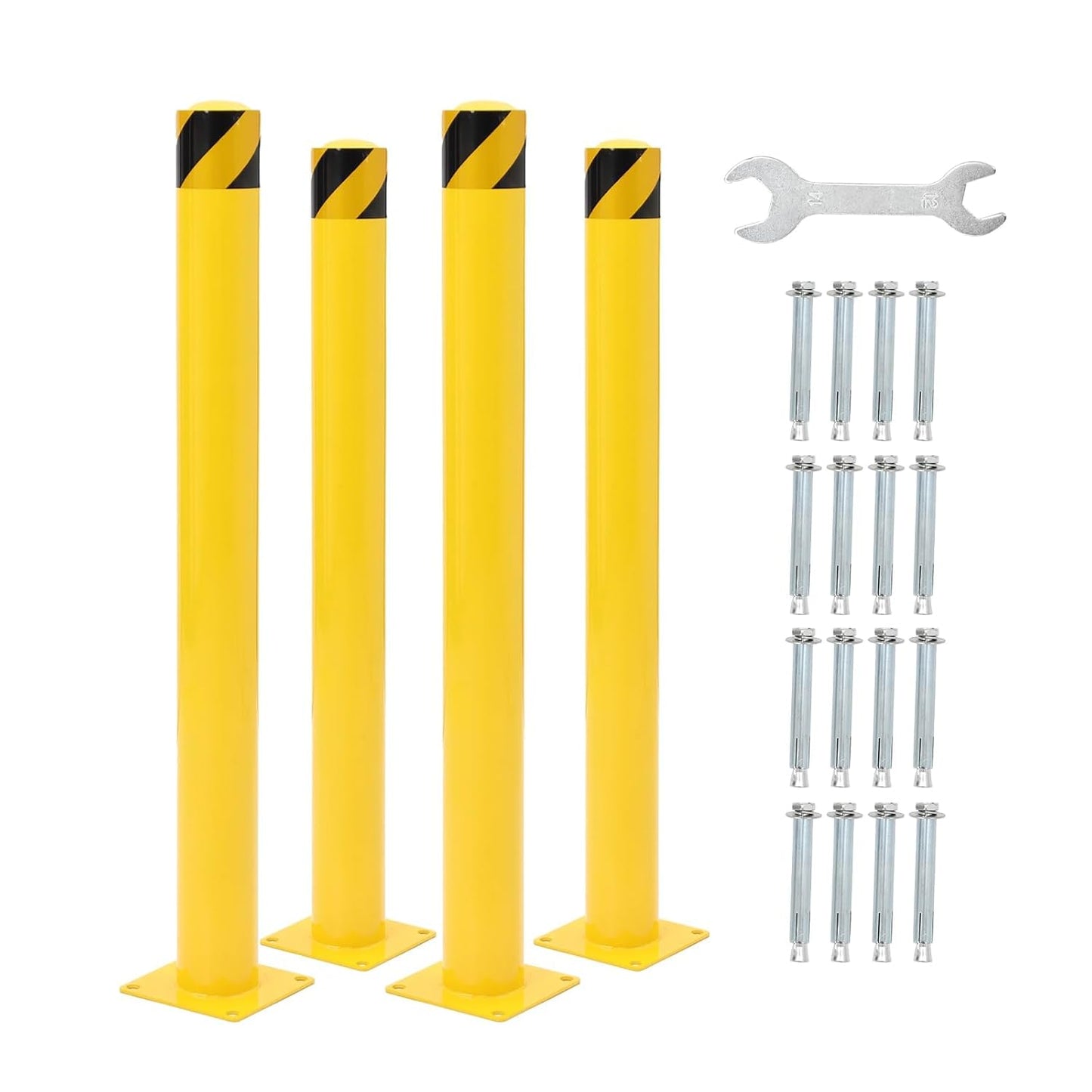 Safety Bollard 4 Packs, 42 Inch Height Steel Post, 4.5 Inch Diameter Parking Bollard, Yellow Safety Bollard Post with 16 Anchor Bolts, Ideal for Ideal for Parking Warehouse Park Traffic Area