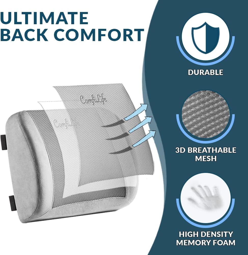 ComfiLife Lumbar Support Back Pillow Office Chair and Car Seat Cushion - Memory Foam with Adjustable Strap and Breathable 3D Mesh (Gray)