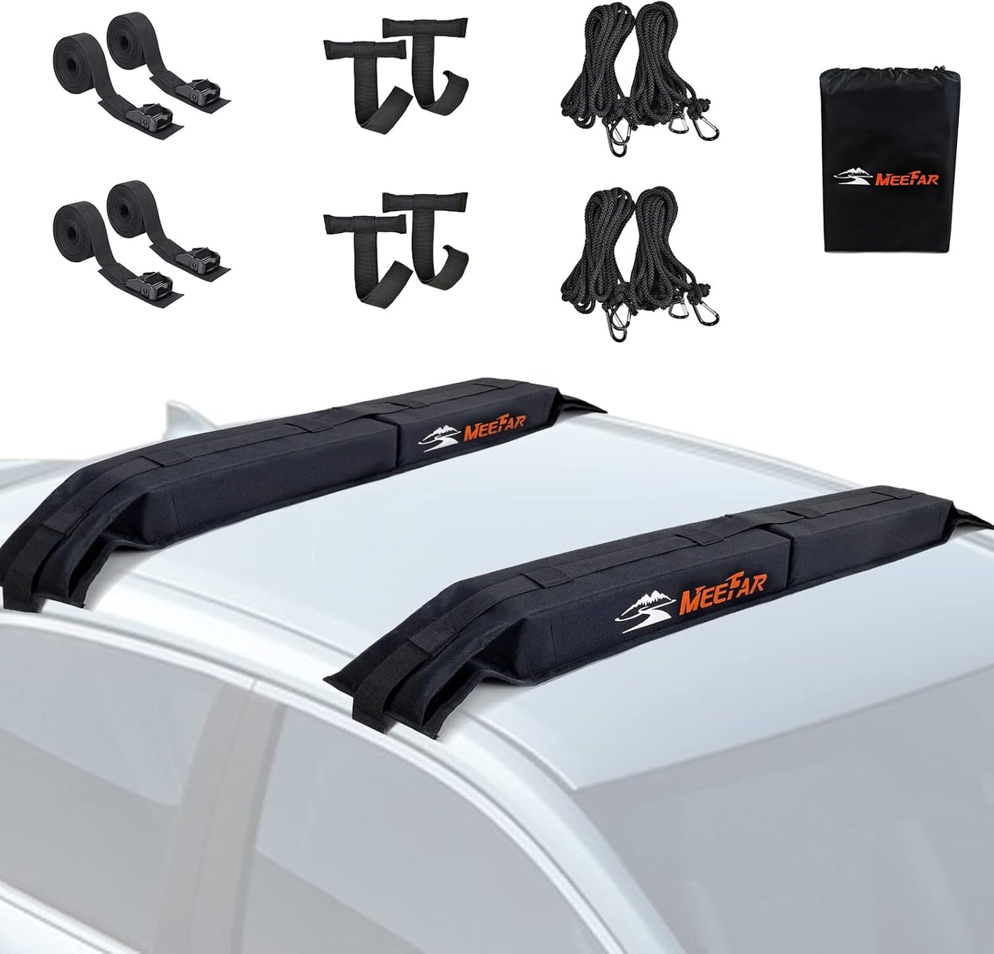 MeeFar Universal Car Soft Roof Rack Pads Luggage Carrier System for Kayak Surfboard SUP Canoe Include 2 Heavy Duty Tie Down Straps, 4 Tie Down Rope, 4 Quick Loop Strap and Storage Bag