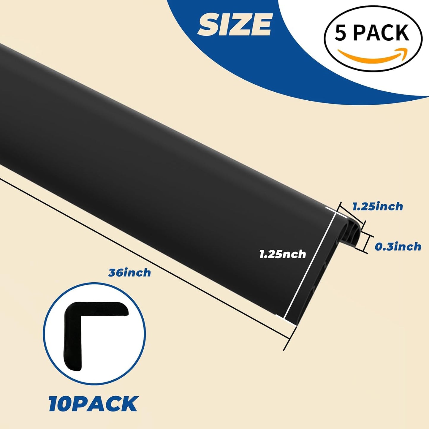Wall Corner Edge Protector - 1x1x36 inch Baby Proofing Corner Guards, Self-Adhesive Furniture Edge Strips, for Home, Kindergarten, Office, 5 Pack (36" L x 2" W x 2" H, Black, 5)