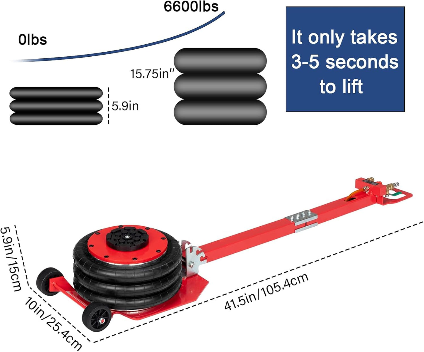 Air Jack 3 Ton/6600 lbs Airbag Jack Pneumatic Jack Lift Up to 15.75 Inch 3-5S Fast Lifting Air Bag Jack for Garage Cars Trucks with Adjustable Long Square Handle Red