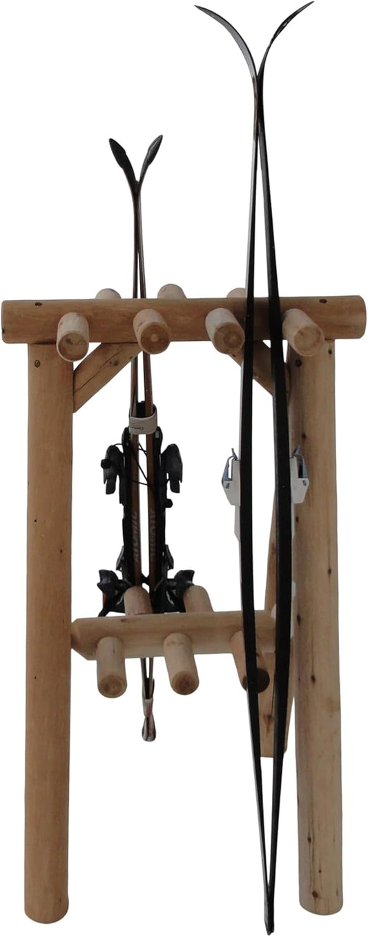 9-Place Freestanding Log Ski Rack Holder, Indoor & Outdoor Snowboard Racks, Standing Storage, Garage Racks for Snow Skis & Poles, Durable Snowboard Rack Garage Storage Organizer - Natural