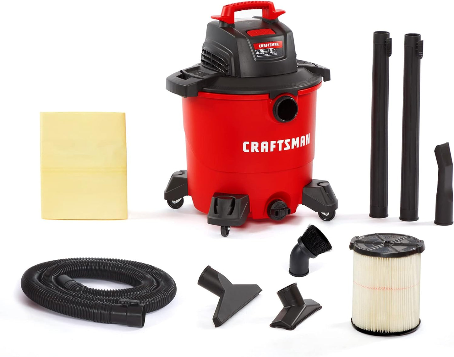 CRAFTSMAN CMXEVBE18690 9 Gallon 4.25 Peak HP Wet Dry Vac, Portable Shop Vacuum Wet and Dry with Filter, Dust Bag, Dusting Brush, Hose and Attachments for Home, Garage and Automotive Cleaning
