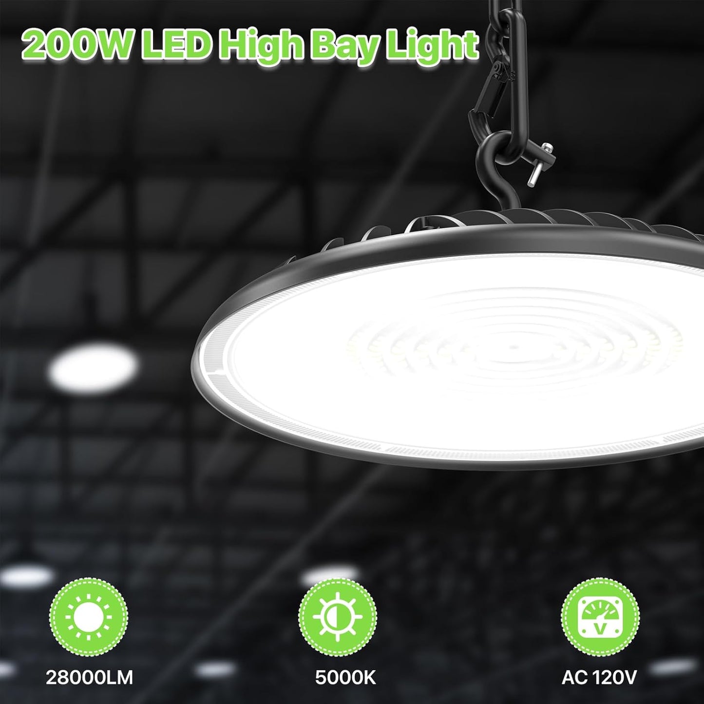 LED High Bay Light 200W, 28000LM 5000K UFO High Bay LED Light with US Plug, Hanging Hook, IP65 Waterproof Commercial Bay Lighting for Barn, Warehouse, Factory ETL Listed