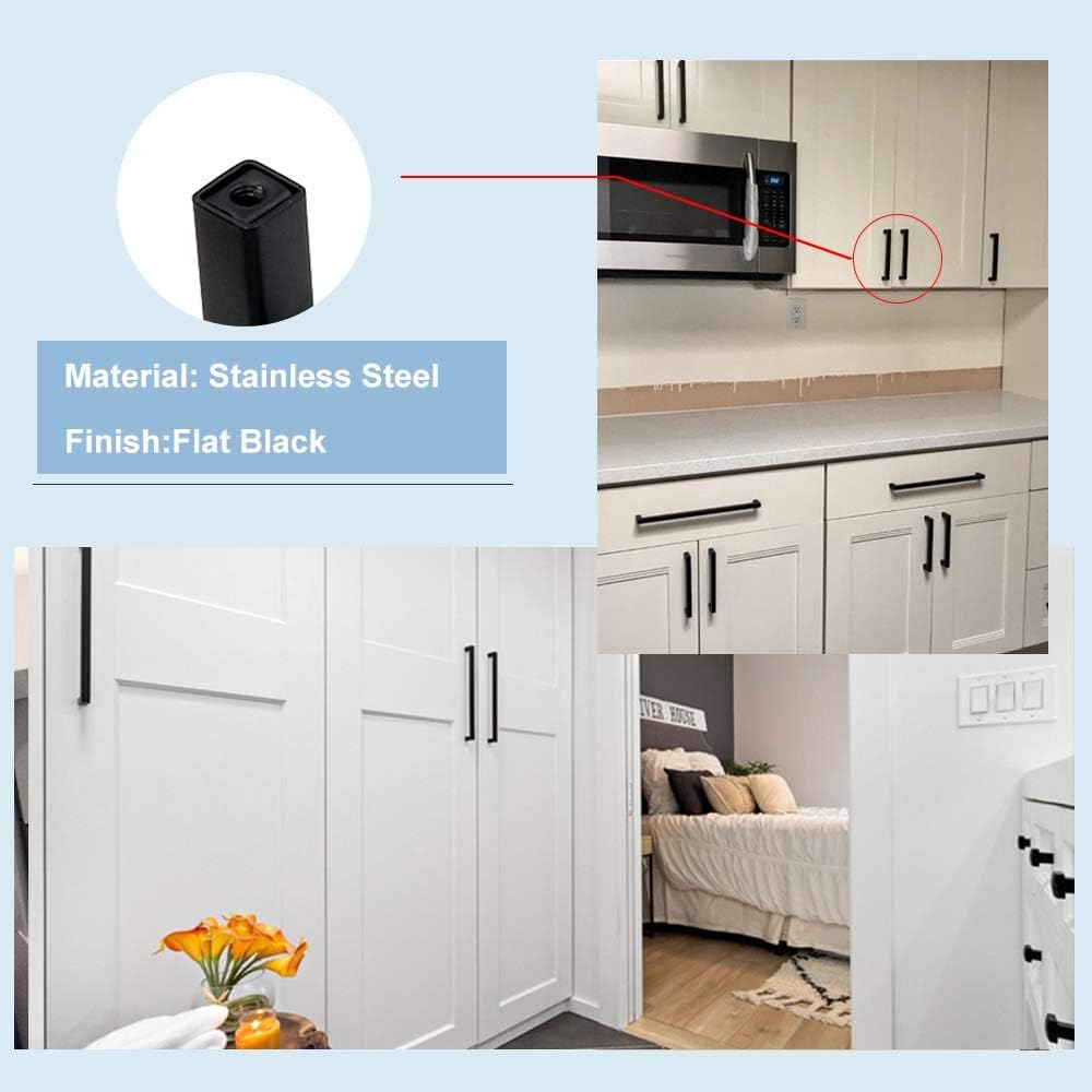 goldenwarm 200 Pack 5 Inch Black Cabinet Handles - Matte Black Drawer Pulls Stainless Steel - 128mm Cabinet Hardware Square Bar Modern Cabinet Pulls for Kitchen Bathroom Cupboard