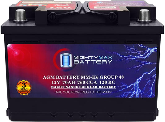 Mighty Max Battery MM-H6 Start and Stop Car BCI Group Size 48 12V 70 AH, 120RC, 760 CCA Rechargeable AGM Car Battery