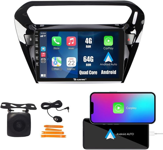 Kunfine Car CarPlay Android Auto Navigation Stereo GPS Radio Reverse Camera Display 9" IPS Touchscreen Headunit Tablet Pad Media Player For Peugeot 301 13-22 if Applicable Quad Core 4G+64G Gloss Black